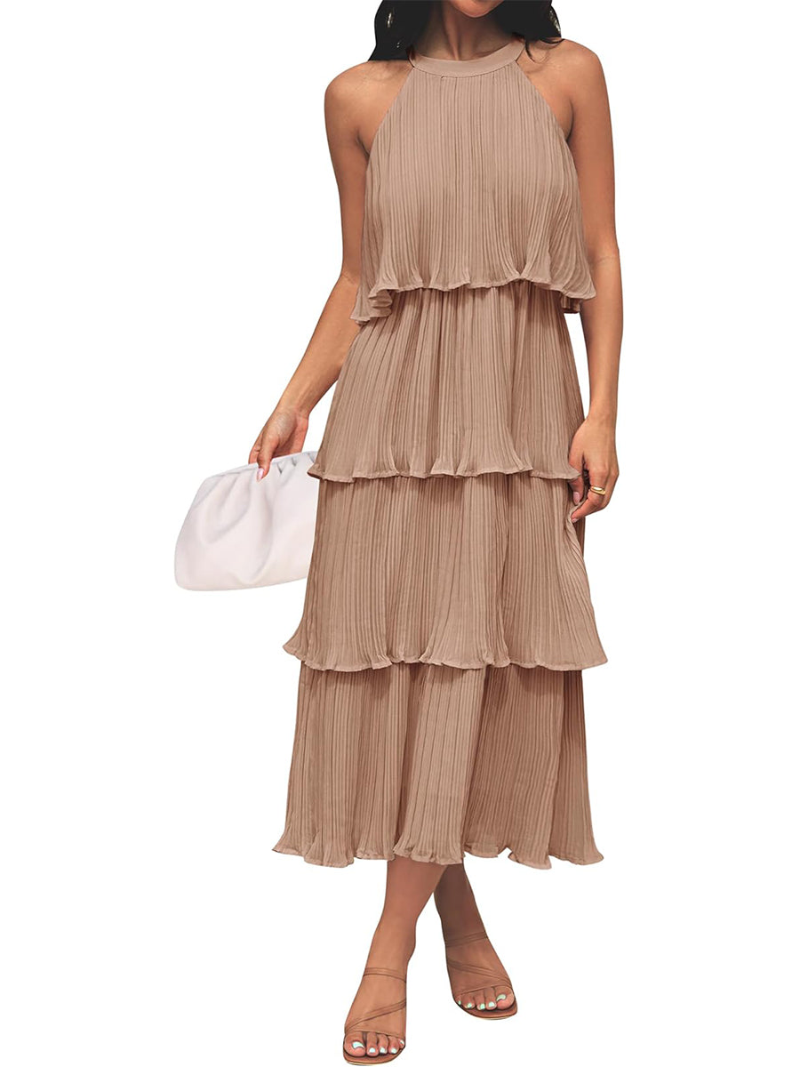 Women's Summer Halter Neck Ruffle Tiered Layered Chiffon Flowy Swing Midi Dress