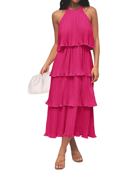 Women's Summer Halter Neck Ruffle Tiered Layered Chiffon Flowy Swing Midi Dress