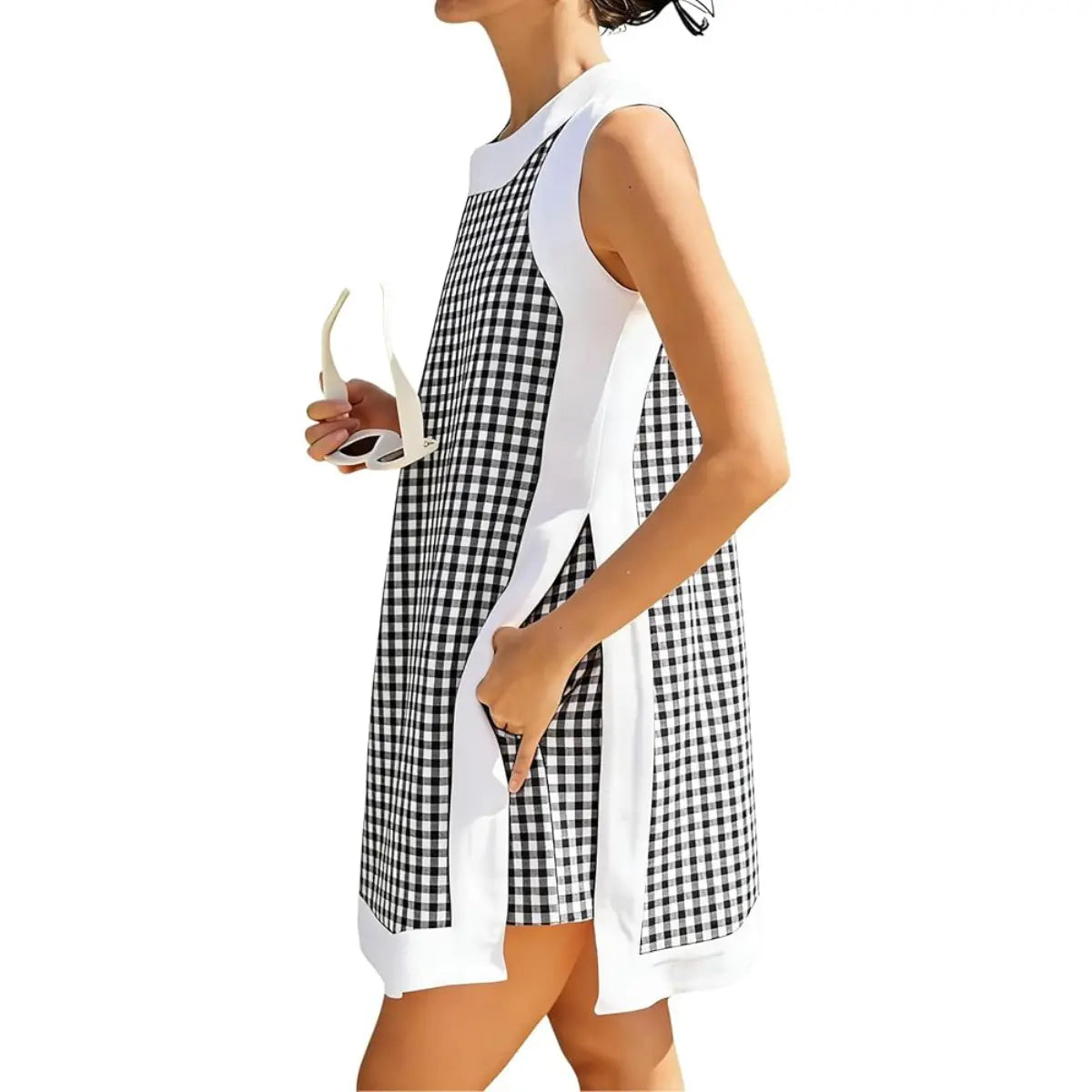 Gingham Plaid Color Block Sleeveless Tunic Top Shorts 2 Piece Set