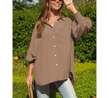 Women Loose Linen Blend Pocket Shirt with Smocked Elastic Cuffs