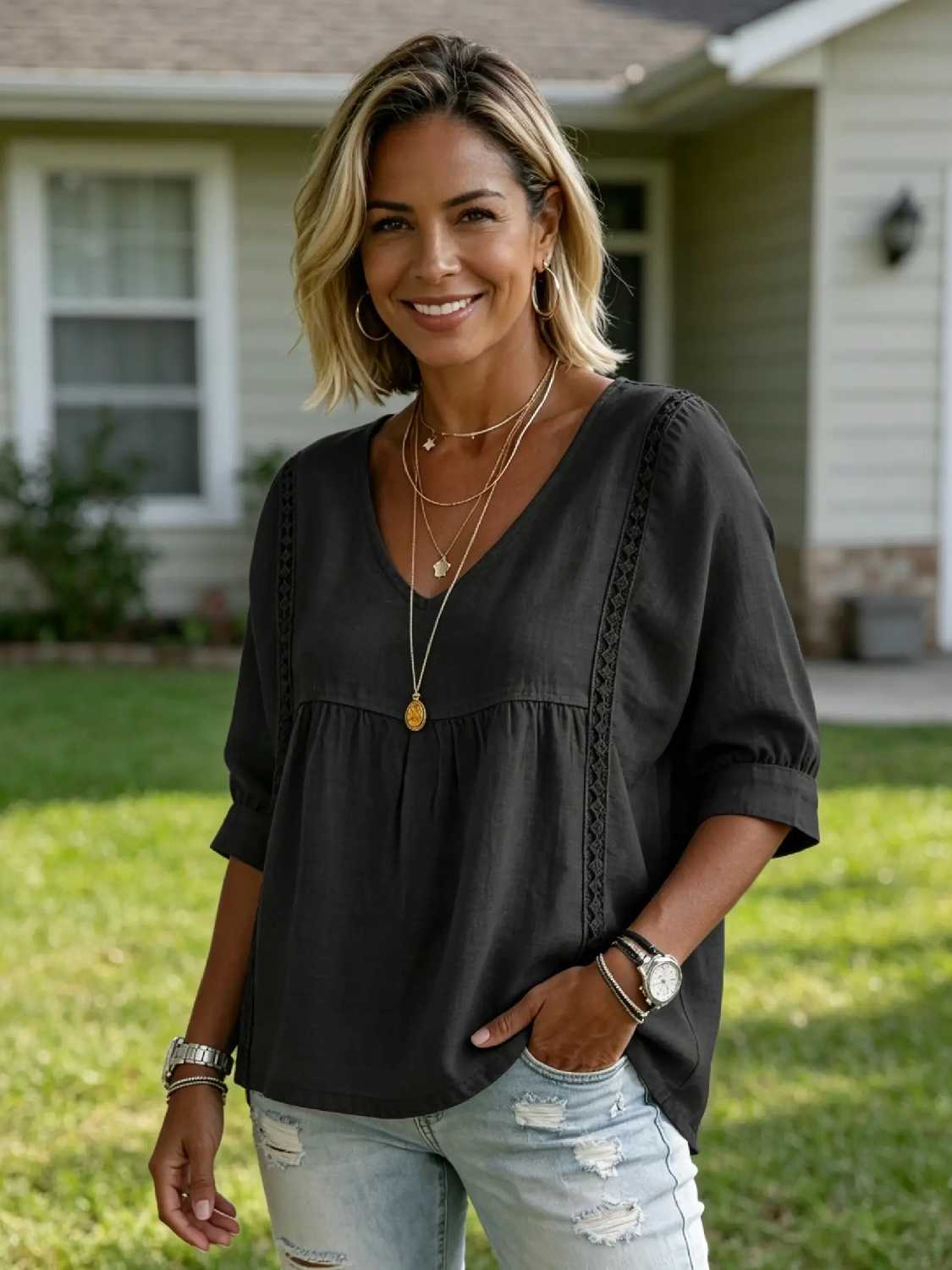 Women's 3/4-Length Puff Sleeves V-Neck Lace Blouse