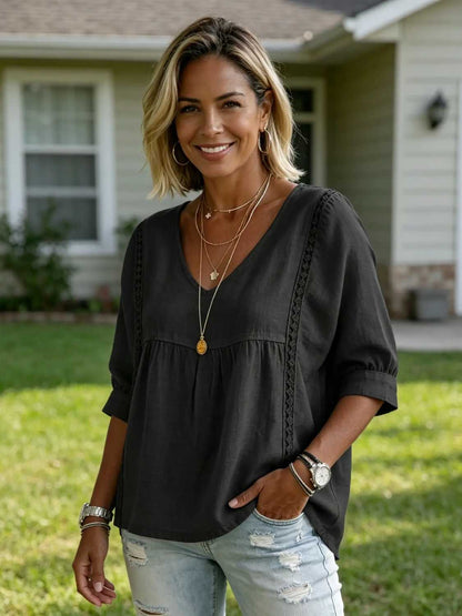 Women's 3/4-Length Puff Sleeves V-Neck Lace Blouse