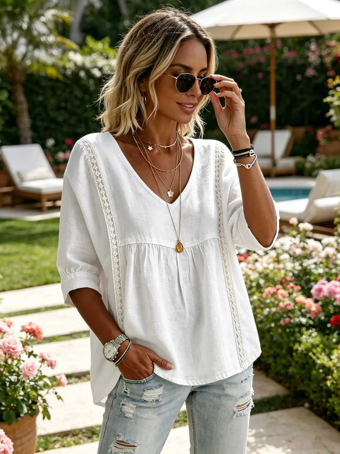 Women's 3/4-Length Puff Sleeves V-Neck Lace Blouse