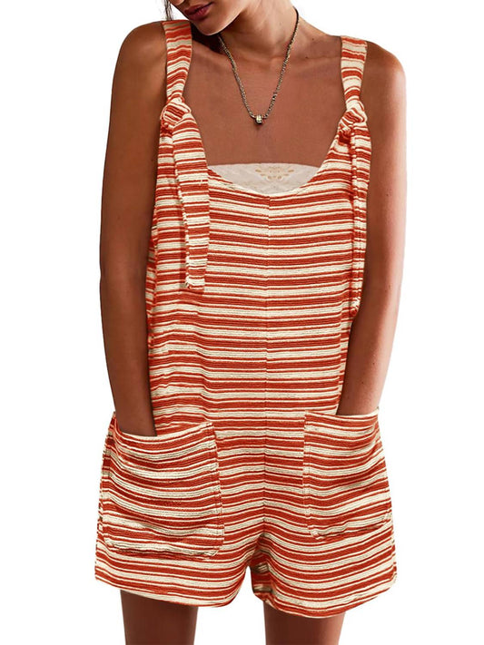 Womens Casual Loose Striped Tied Shorts Overalls Romper with Pockets