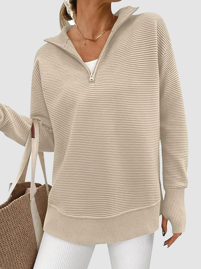 Women Oversized Half Zip Collar Vertical Rib Long Sleeve Knit Top