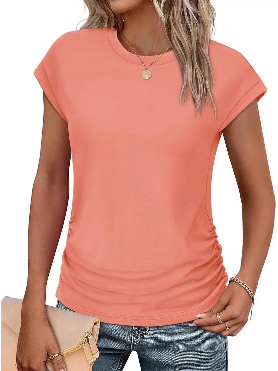 Womens Crew Neck Ruched Cap Short Sleeve Tshirts Shirts