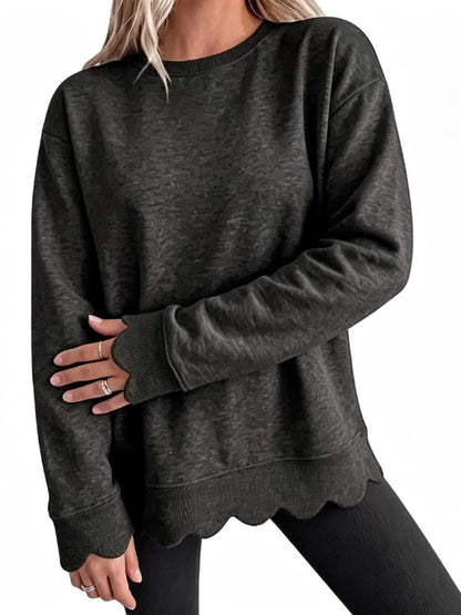 Women Oversized Long Sleeve Sweatshirt With Scallop Cuff And Hem