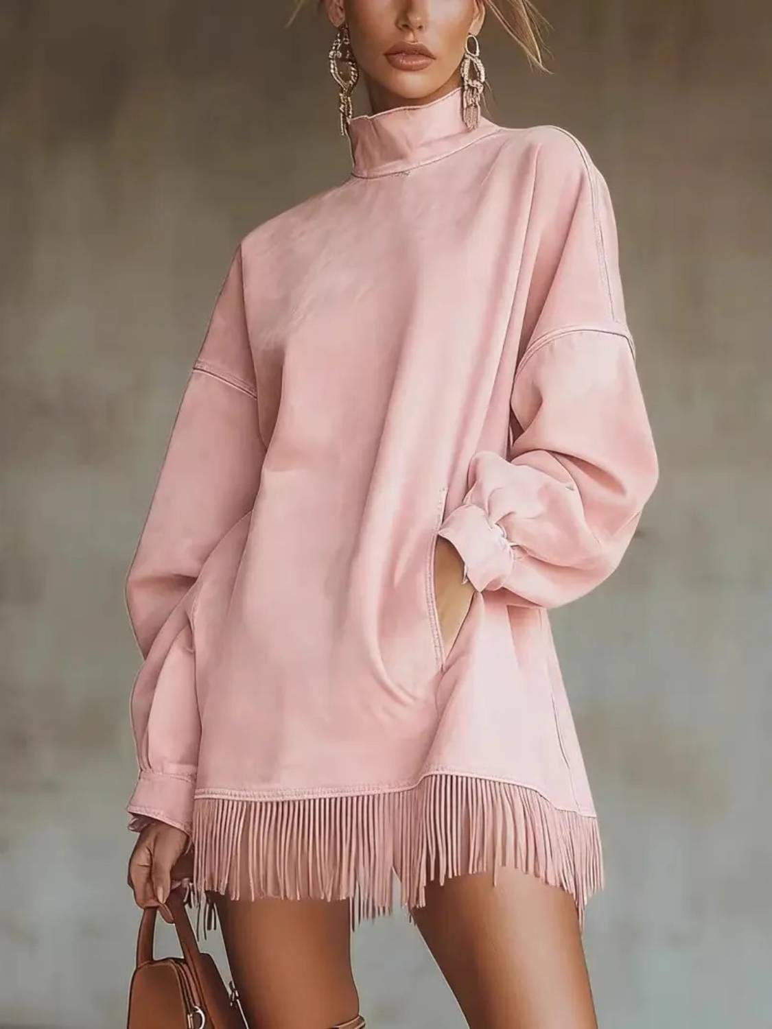 Women's High Neck Oversized Fringe Sweatshirt Dress with Side Pockets