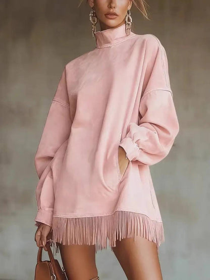 Women's High Neck Oversized Fringe Sweatshirt Dress with Side Pockets