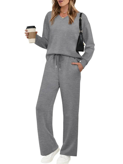 Women’s V‑Neck Top & Drawstring Wide‑Leg Pants 2‑Piece Outfit Set