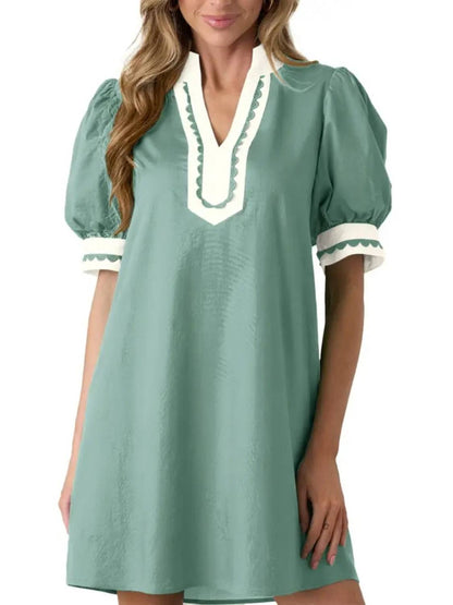 Women's Floral Print V Neck Ricrac Trim Puff Sleeve Dress
