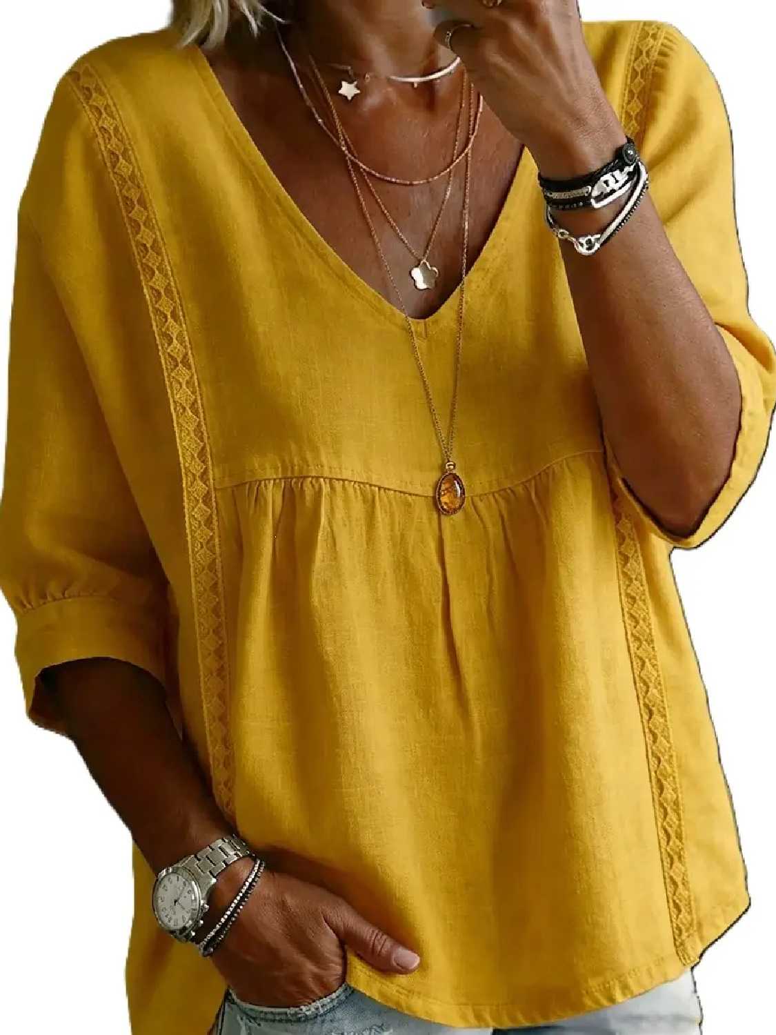 Women's 3/4-Length Puff Sleeves V-Neck Lace Blouse