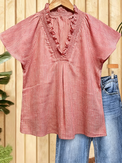 Vertical Striped Ruffle V-Neck Flutter Sleeve Blouse