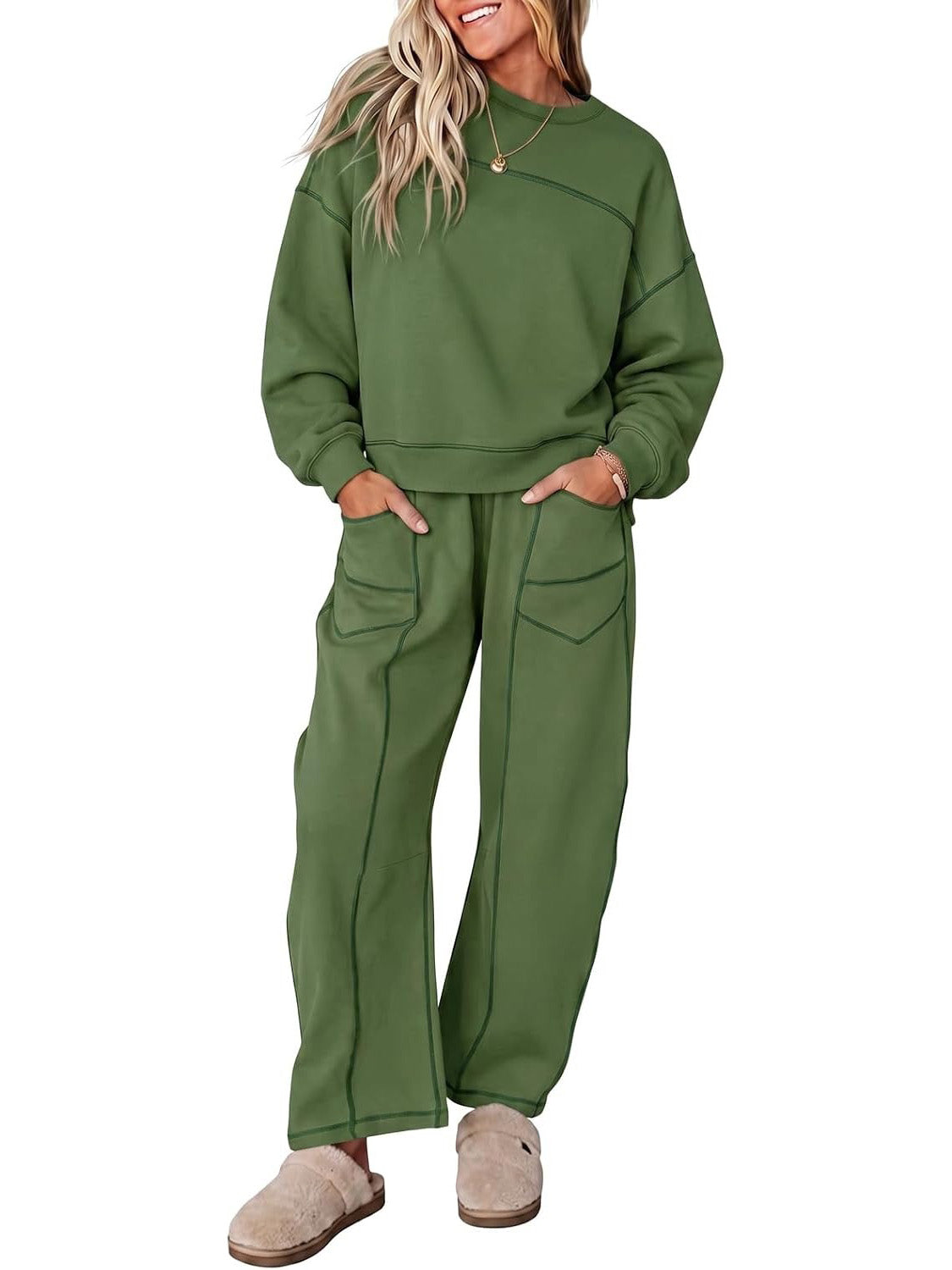 Womens 2 Piece Contrast Seams Tracksuit Set Casual Loungewear