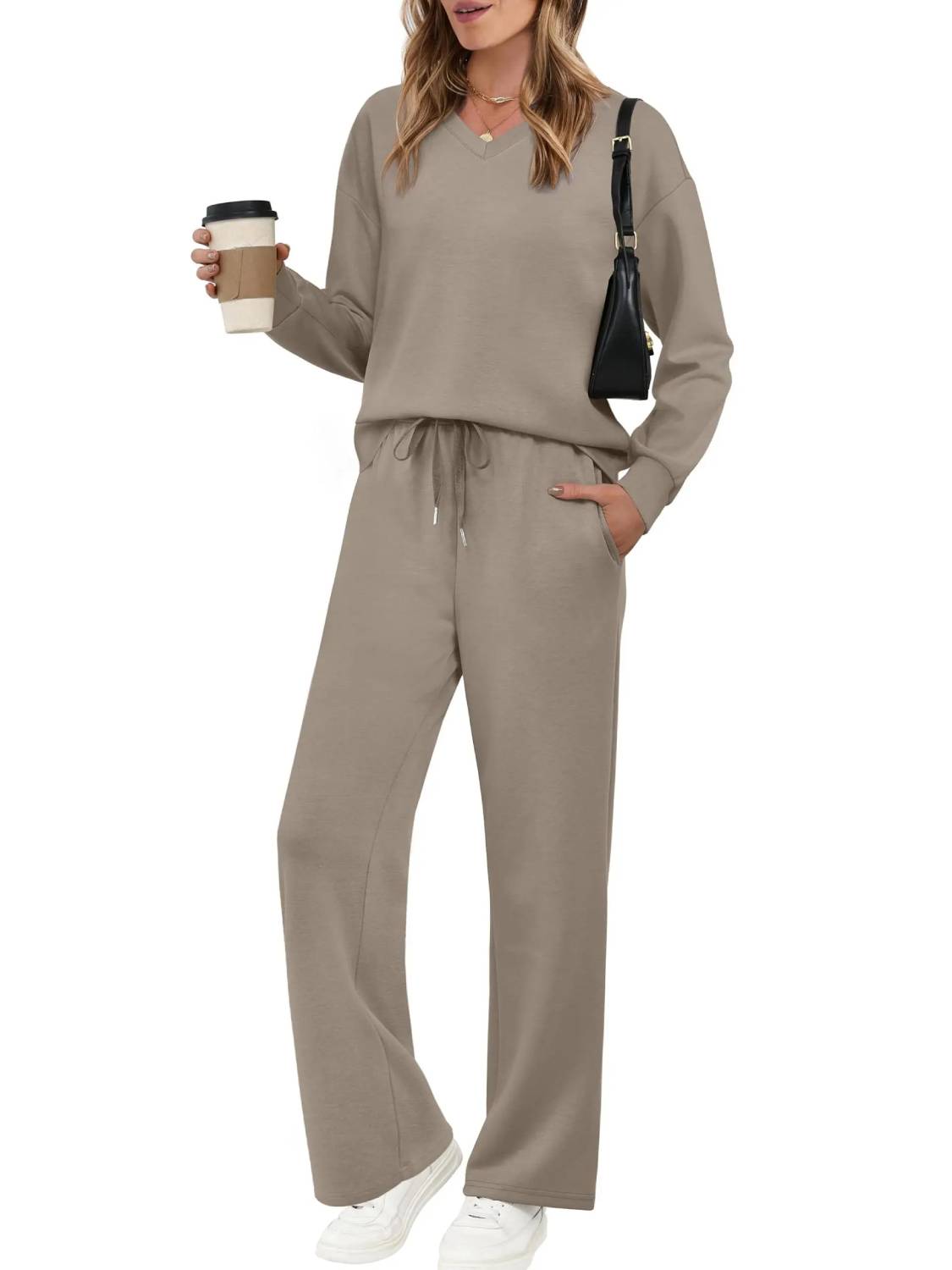 Women’s V‑Neck Top & Drawstring Wide‑Leg Pants 2‑Piece Outfit Set