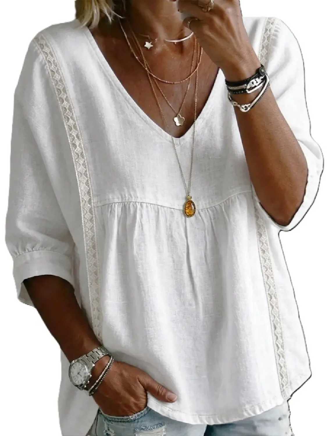 Women's 3/4-Length Puff Sleeves V-Neck Lace Blouse