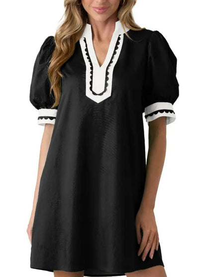 Women's Floral Print V Neck Ricrac Trim Puff Sleeve Dress