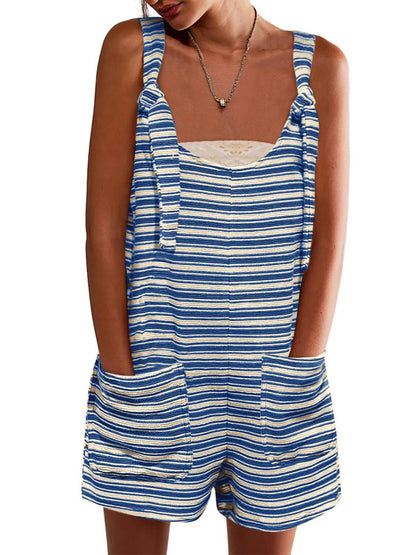 Womens Casual Loose Striped Tied Shorts Overalls Romper with Pockets