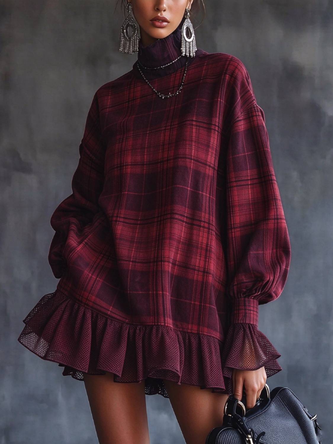 Women's Vintage Mock Neck Plaid Casual Dress
