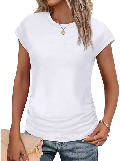 Womens Crew Neck Ruched Cap Short Sleeve Tshirts Shirts