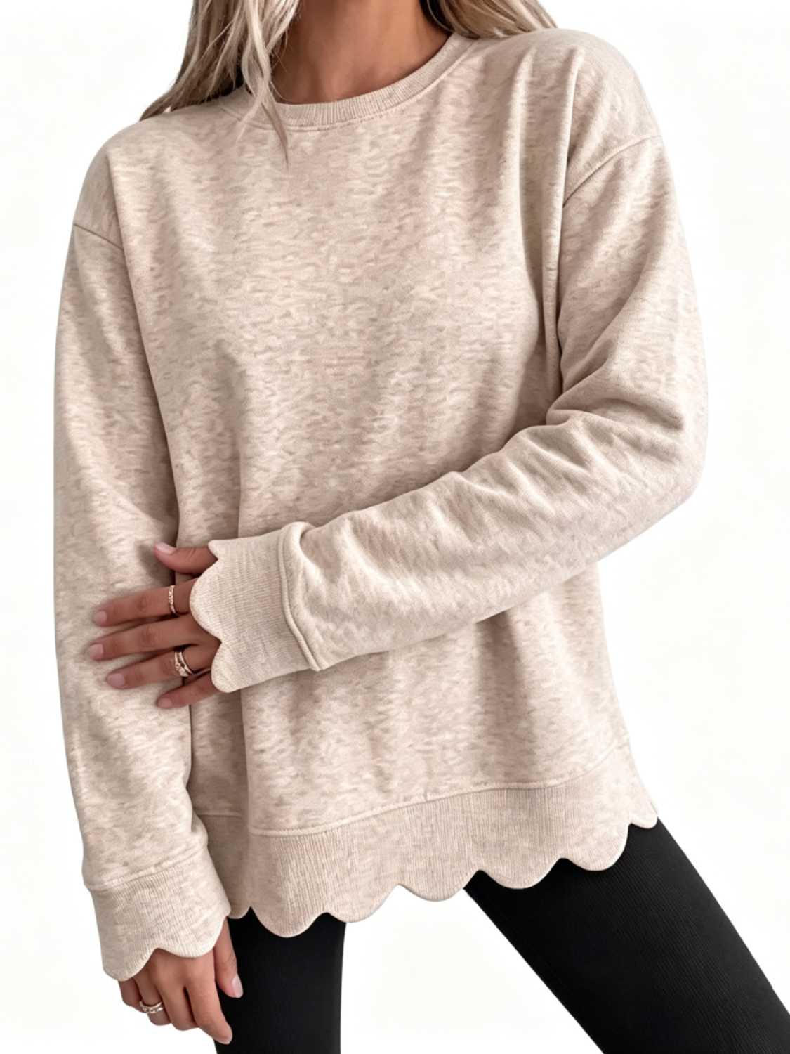 Women Oversized Long Sleeve Sweatshirt With Scallop Cuff And Hem