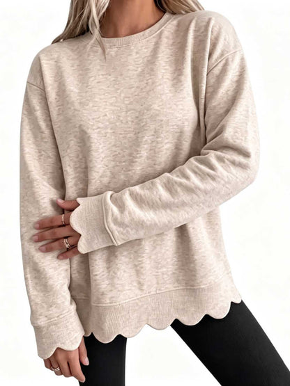 Women Oversized Long Sleeve Sweatshirt With Scallop Cuff And Hem