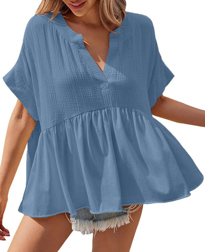 Womens V Neck Short Sleeve Pleated Flowy Shirts Peplum Blouse