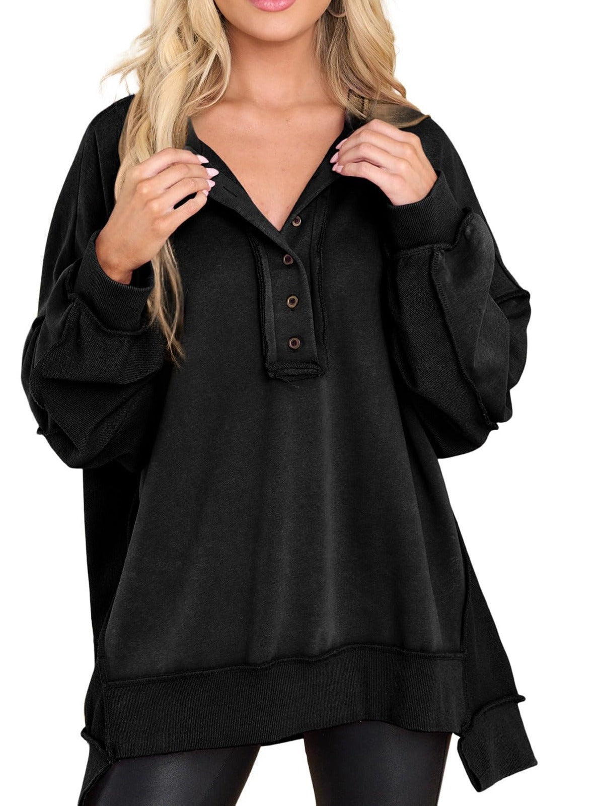 Women Oversized Casual Long Sleeve Button Henley Neck Pullover Tunic Tops