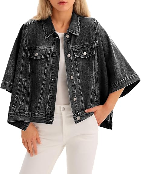 Women Trendy Cropped Cape‑Style Denim Shacket Half Sleeve Oversized Jean Jacket