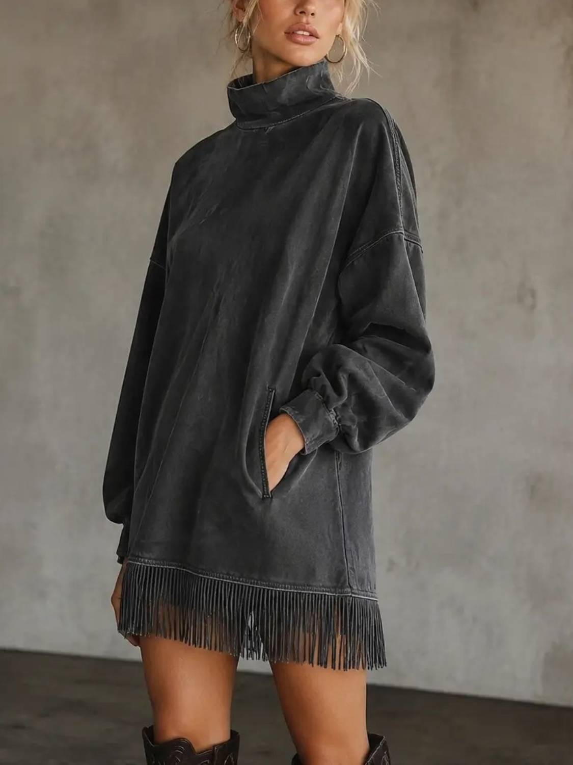 Women's High Neck Oversized Fringe Sweatshirt Dress with Side Pockets