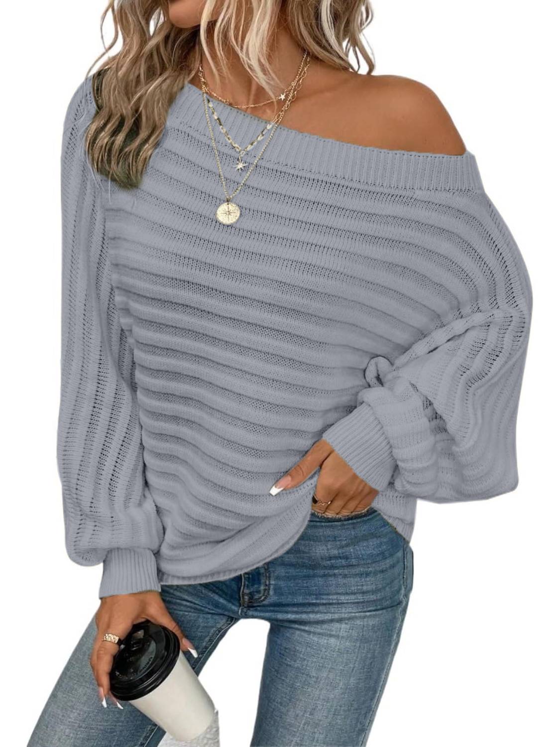 Women's Bat Sleeve Off-shoulder Sweater Casual Knit Top