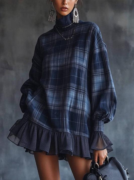 Women's Vintage Mock Neck Plaid Casual Dress