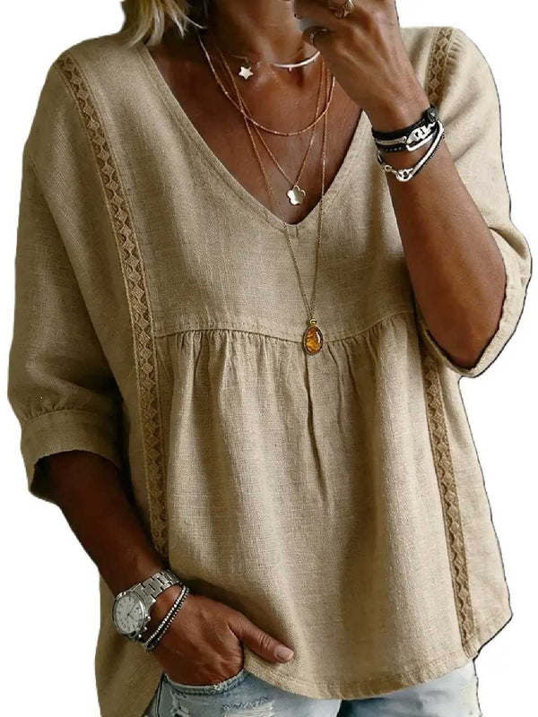 Women's 3/4-Length Puff Sleeves V-Neck Lace Blouse