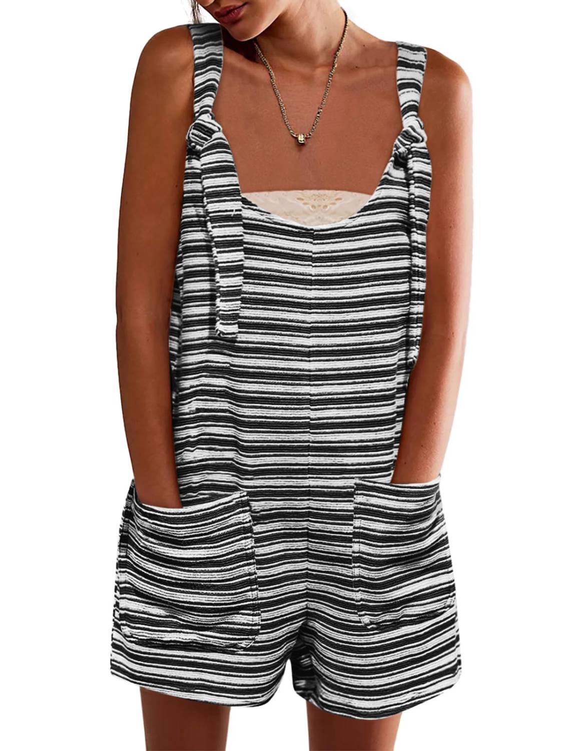 Womens Casual Loose Striped Tied Shorts Overalls Romper with Pockets