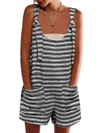 Womens Casual Loose Striped Tied Shorts Overalls Romper with Pockets
