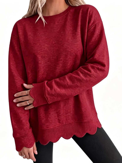 Women Oversized Long Sleeve Sweatshirt With Scallop Cuff And Hem
