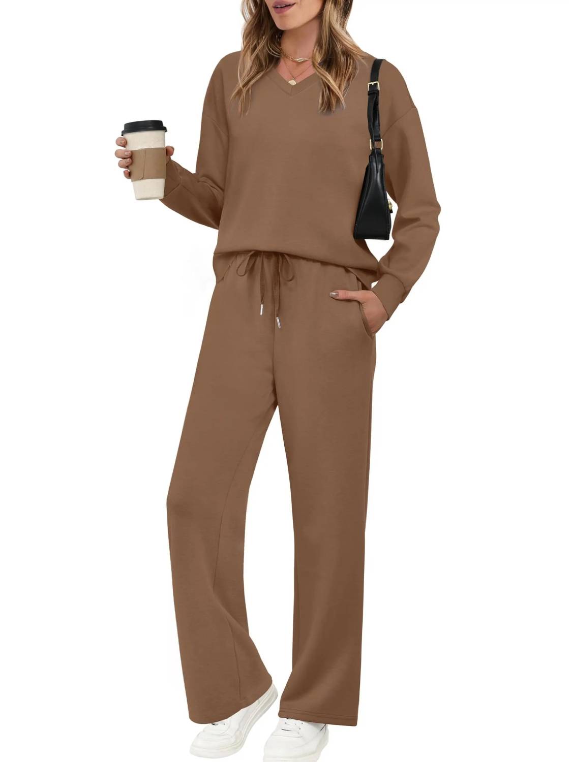 Women’s V‑Neck Top & Drawstring Wide‑Leg Pants 2‑Piece Outfit Set
