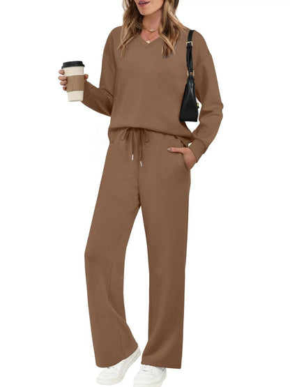 Women’s V‑Neck Top & Drawstring Wide‑Leg Pants 2‑Piece Outfit Set