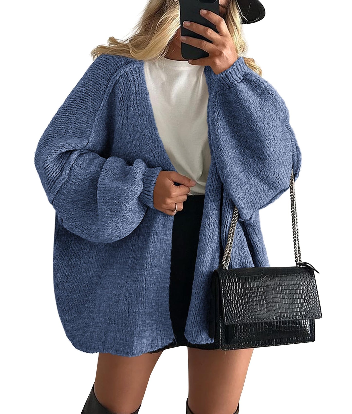 Oversized Lantern Sleeve Open Front Knit Cardigan
