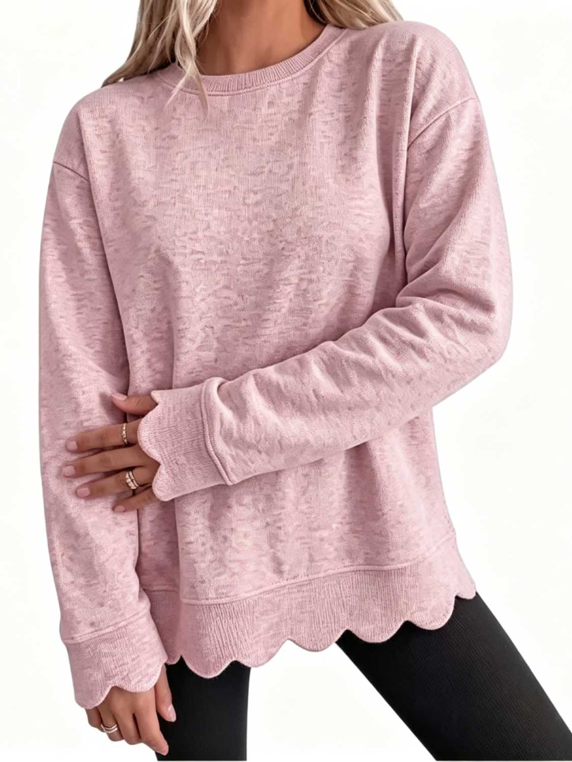 Women Oversized Long Sleeve Sweatshirt With Scallop Cuff And Hem
