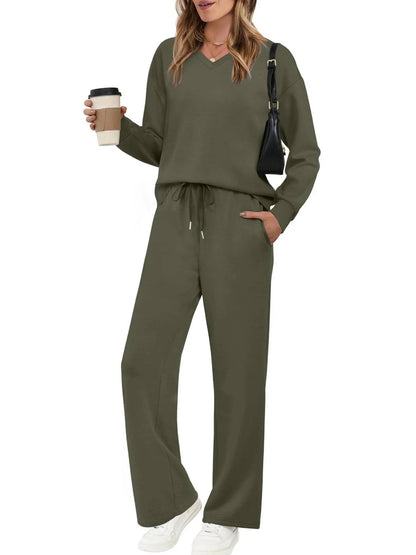 Women’s V‑Neck Top & Drawstring Wide‑Leg Pants 2‑Piece Outfit Set