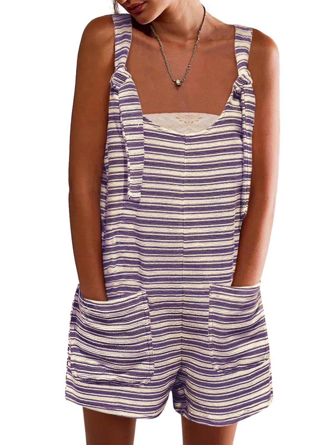 Womens Casual Loose Striped Tied Shorts Overalls Romper with Pockets