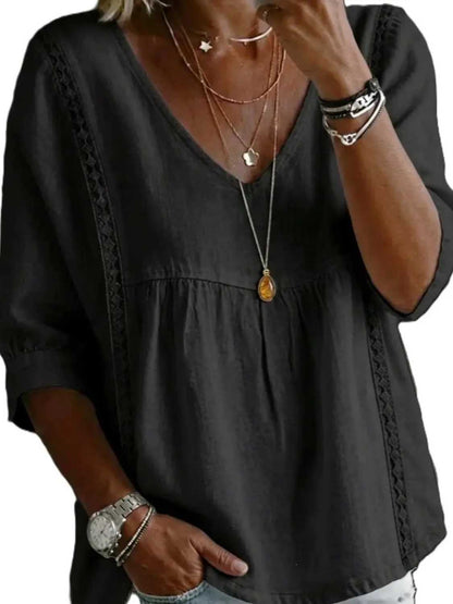 Women's 3/4-Length Puff Sleeves V-Neck Lace Blouse