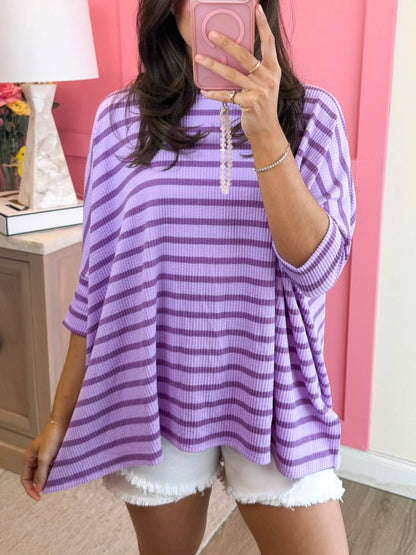 Spring Oversized Striped Raised Rib Easy Fit 3/4 Sleeve Top