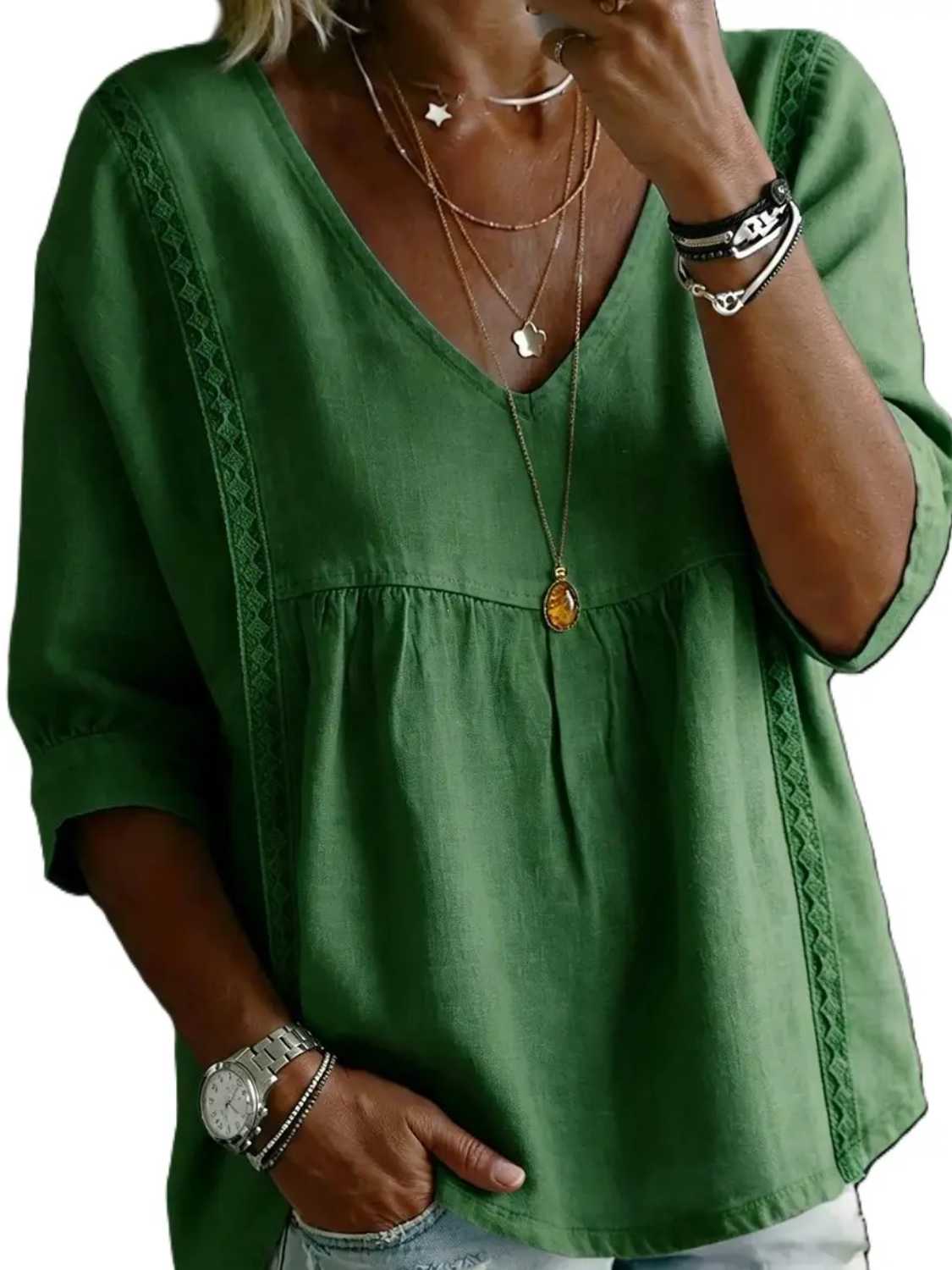 Women's 3/4-Length Puff Sleeves V-Neck Lace Blouse