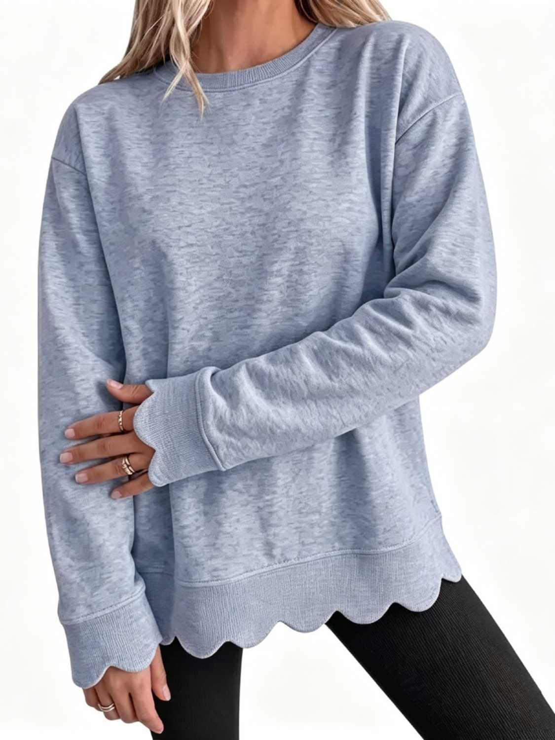 Women Oversized Long Sleeve Sweatshirt With Scallop Cuff And Hem