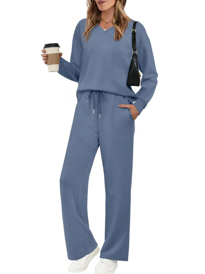 Women’s V‑Neck Top & Drawstring Wide‑Leg Pants 2‑Piece Outfit Set