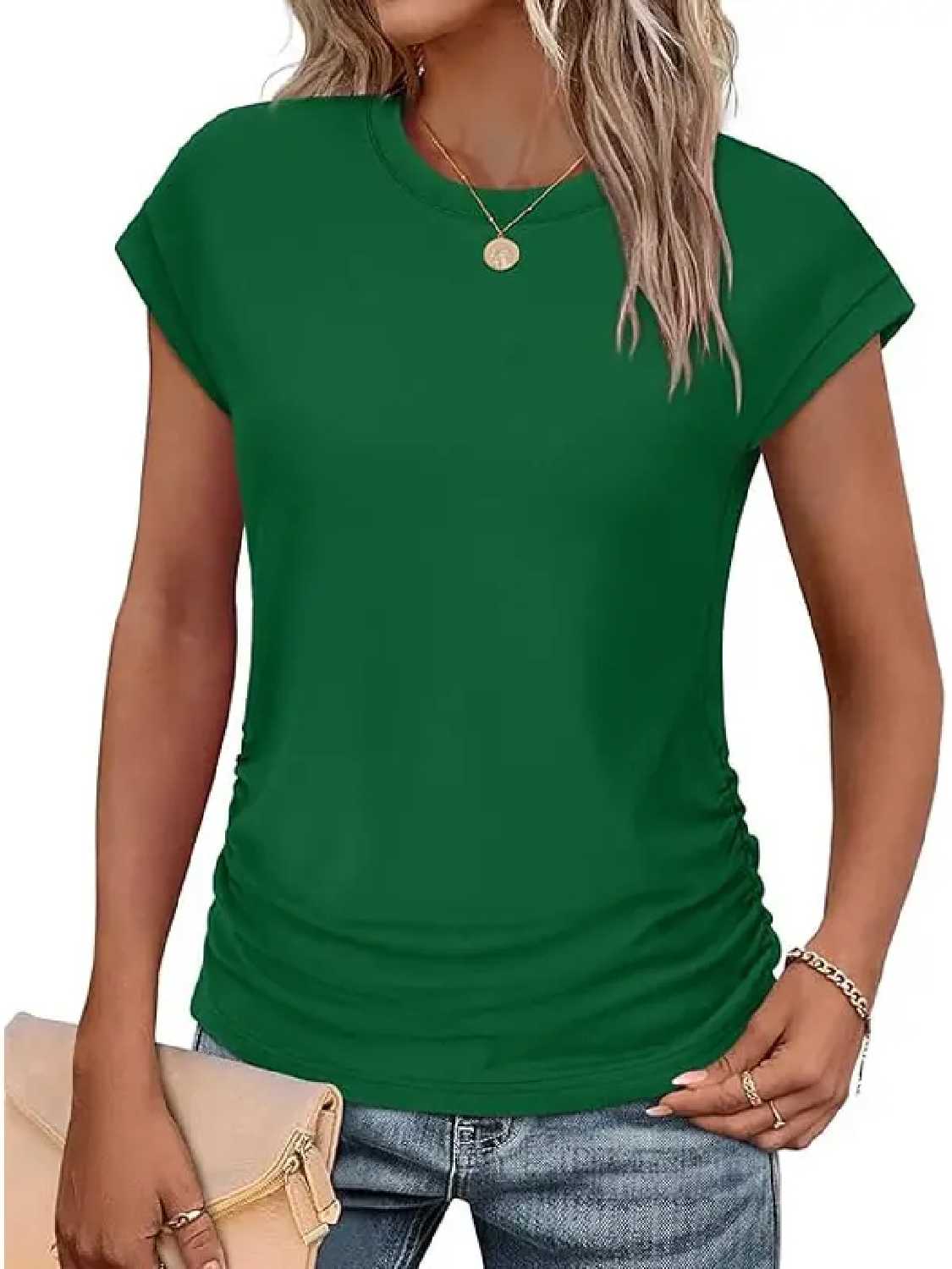 Womens Crew Neck Ruched Cap Short Sleeve Tshirts Shirts