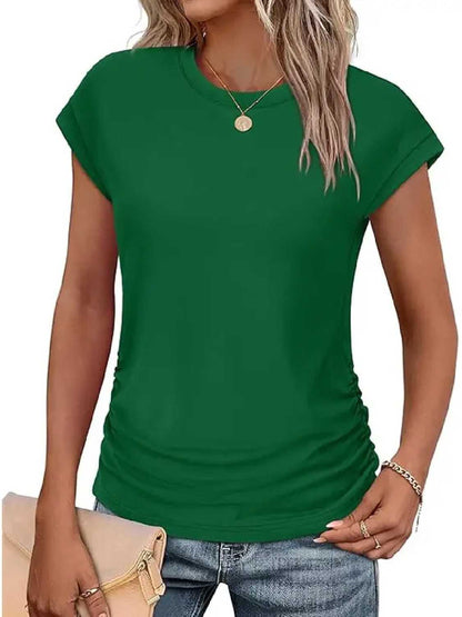 Womens Crew Neck Ruched Cap Short Sleeve Tshirts Shirts