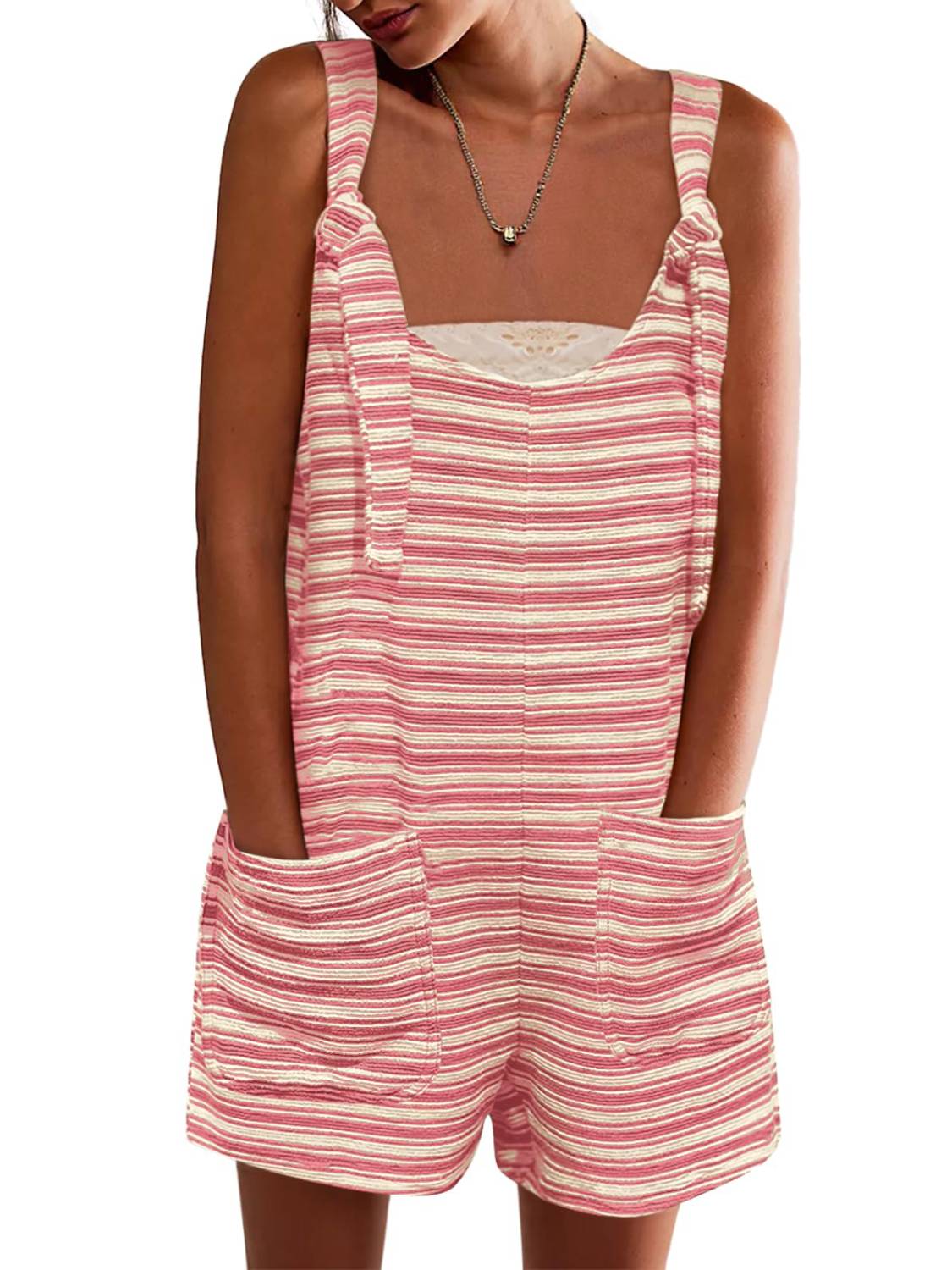 Womens Casual Loose Striped Tied Shorts Overalls Romper with Pockets